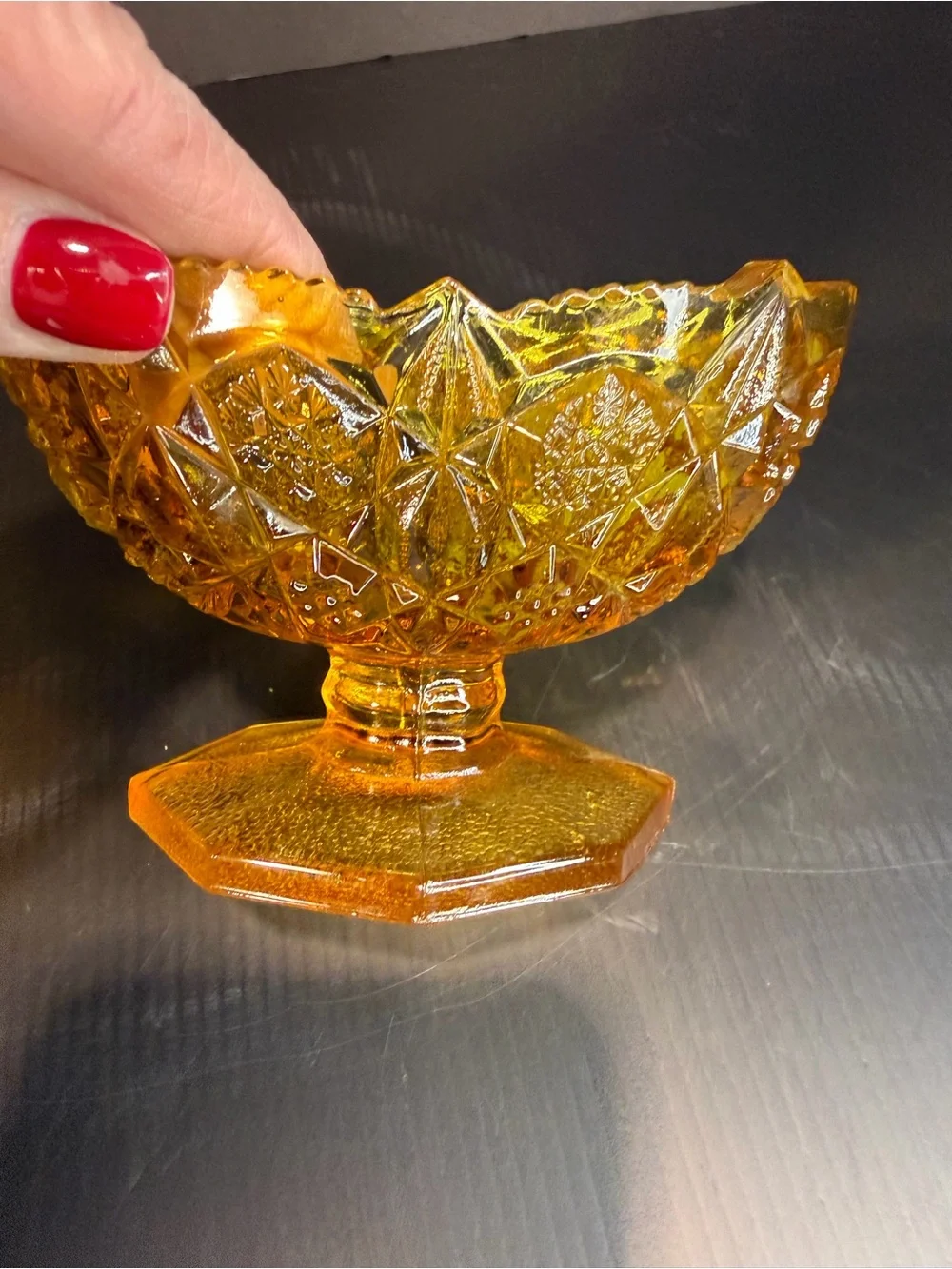 1960 Vintage Kemple Wheaton Amber Glass Toltec Set Compote Dish & Candle Holder